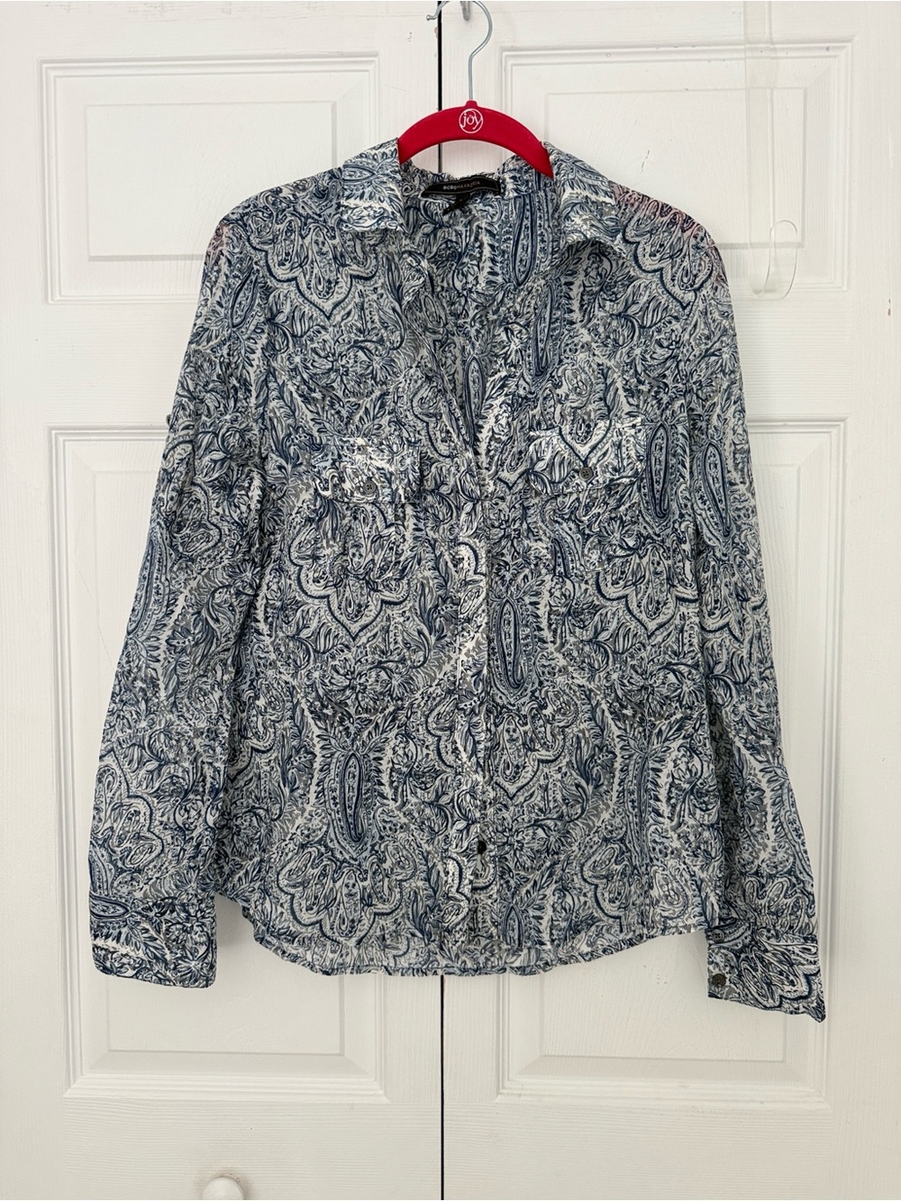 BCBGMaxAzria LIAM Blue and White Paisley Print Button Down Tab Shirt top Size S